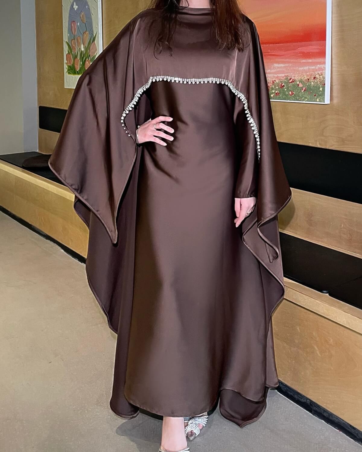 Elegant Satin Cape Abaya Dress with Pearl Crystal