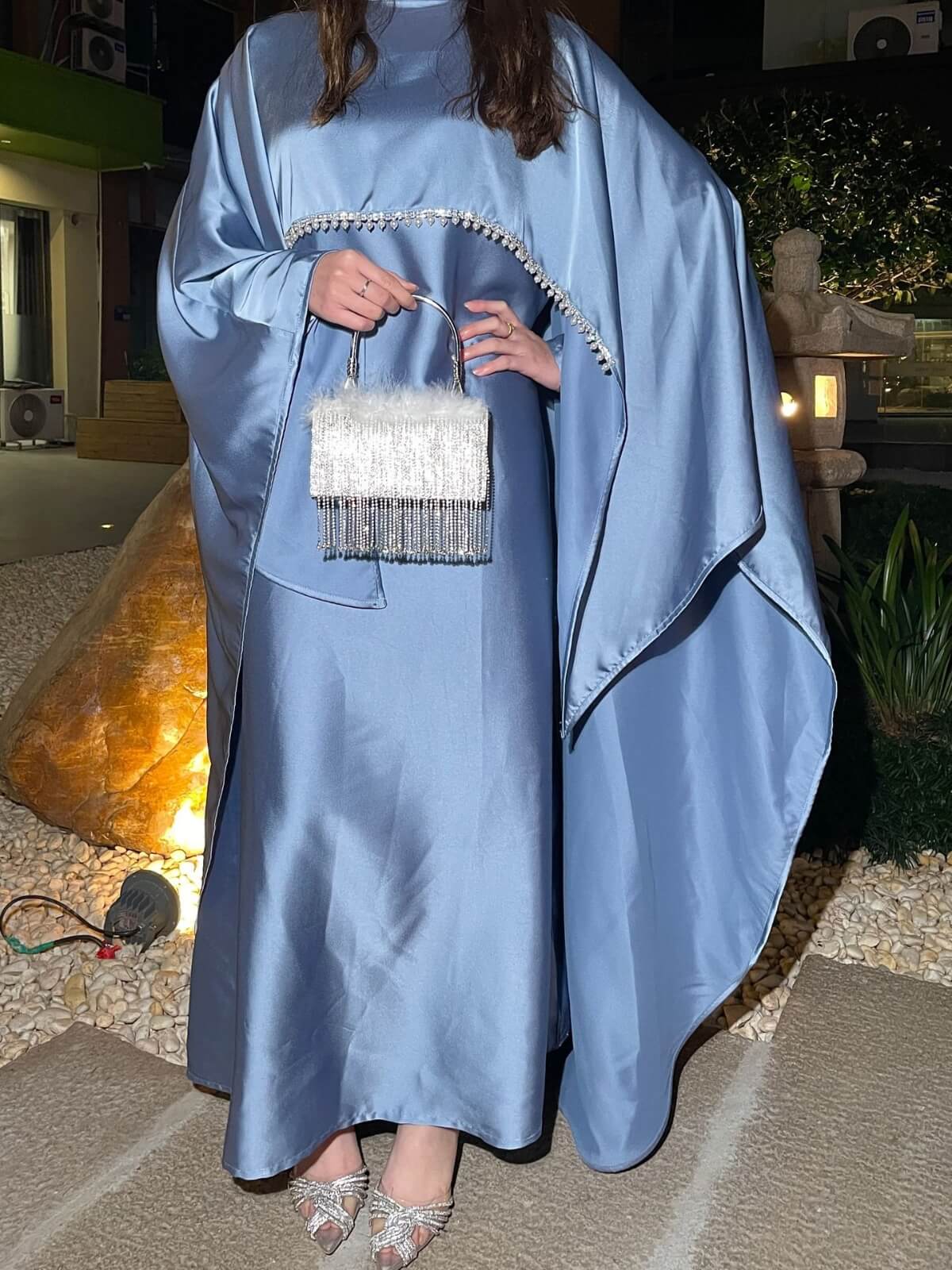Elegant Satin Cape Abaya Dress with Pearl Crystal