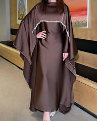Elegant Satin Cape Abaya Dress with Pearl Crystal