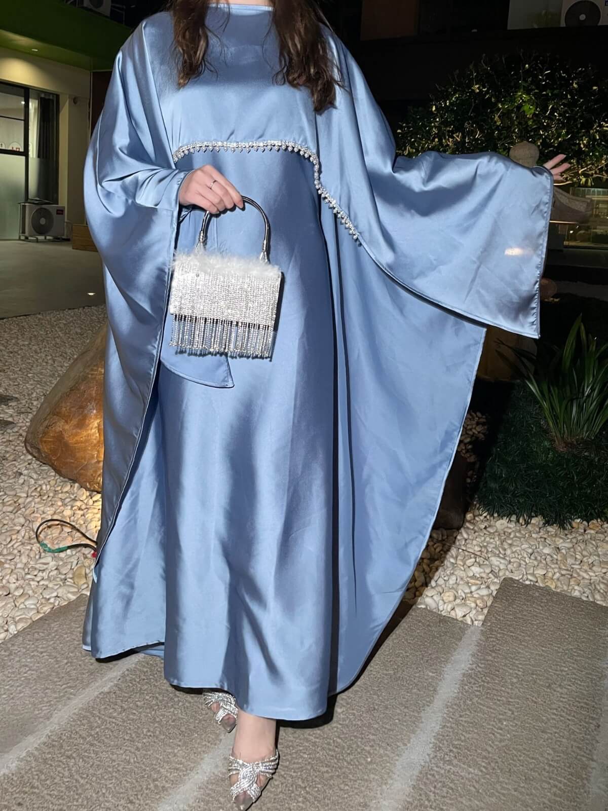 Elegant Satin Cape Abaya Dress with Pearl Crystal