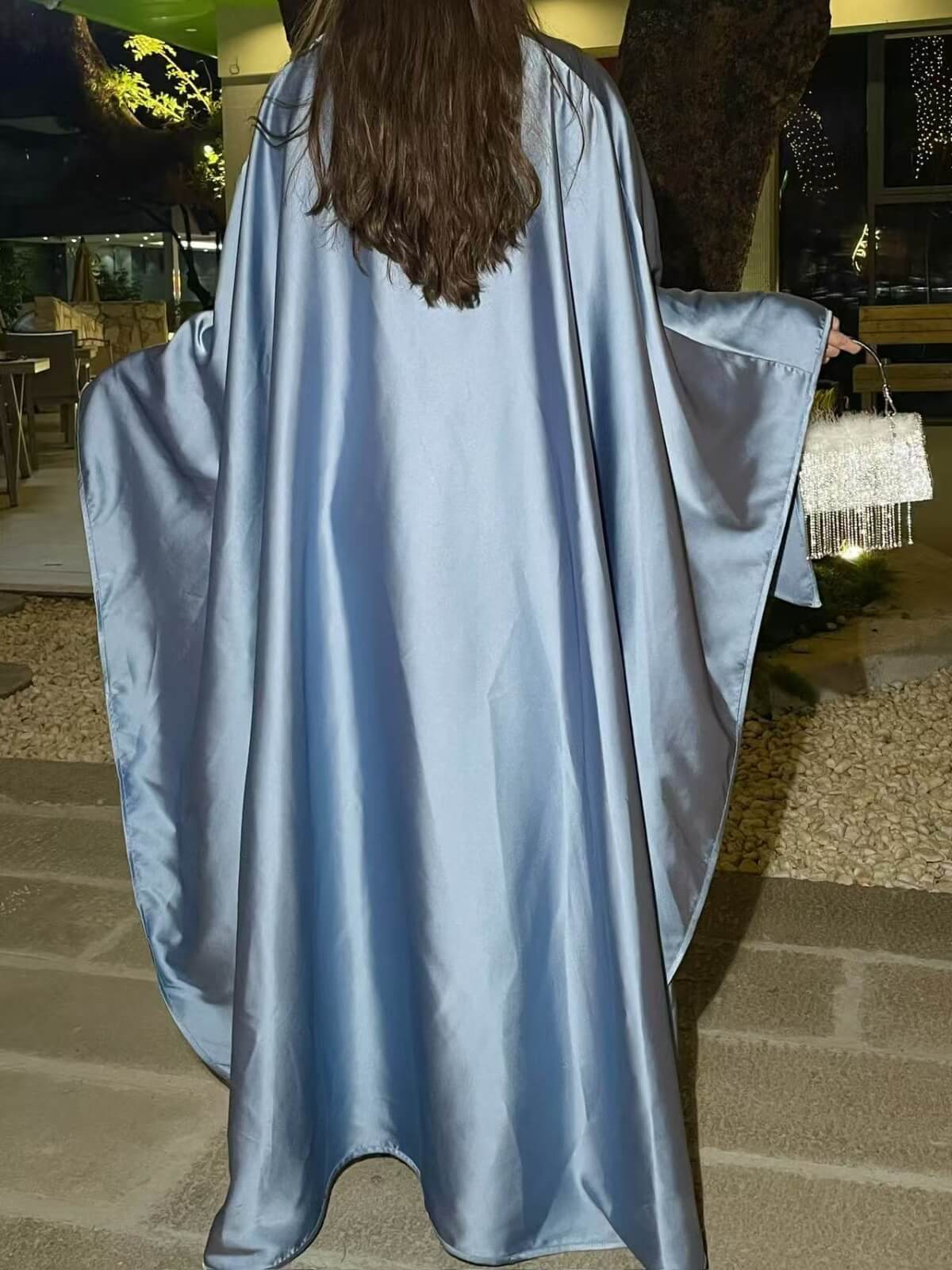 Elegant Satin Cape Abaya Dress with Pearl Crystal