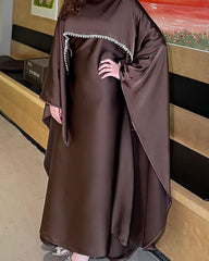 Elegant Satin Cape Abaya Dress with Pearl Crystal