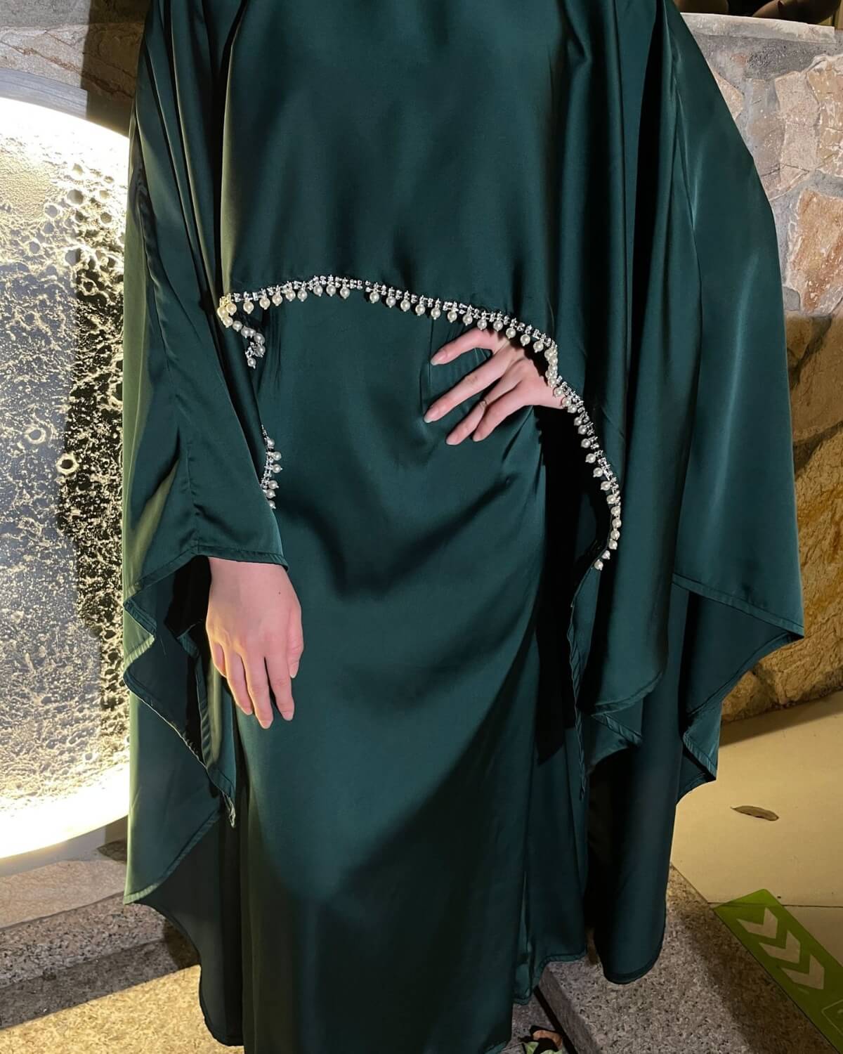 Elegant Satin Cape Abaya Dress with Pearl Crystal