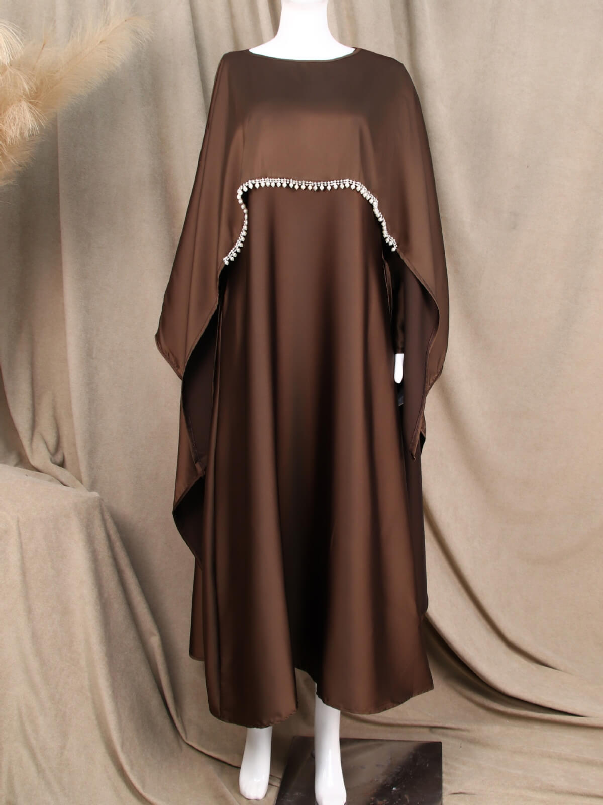 Elegant Satin Cape Abaya Dress with Pearl Crystal