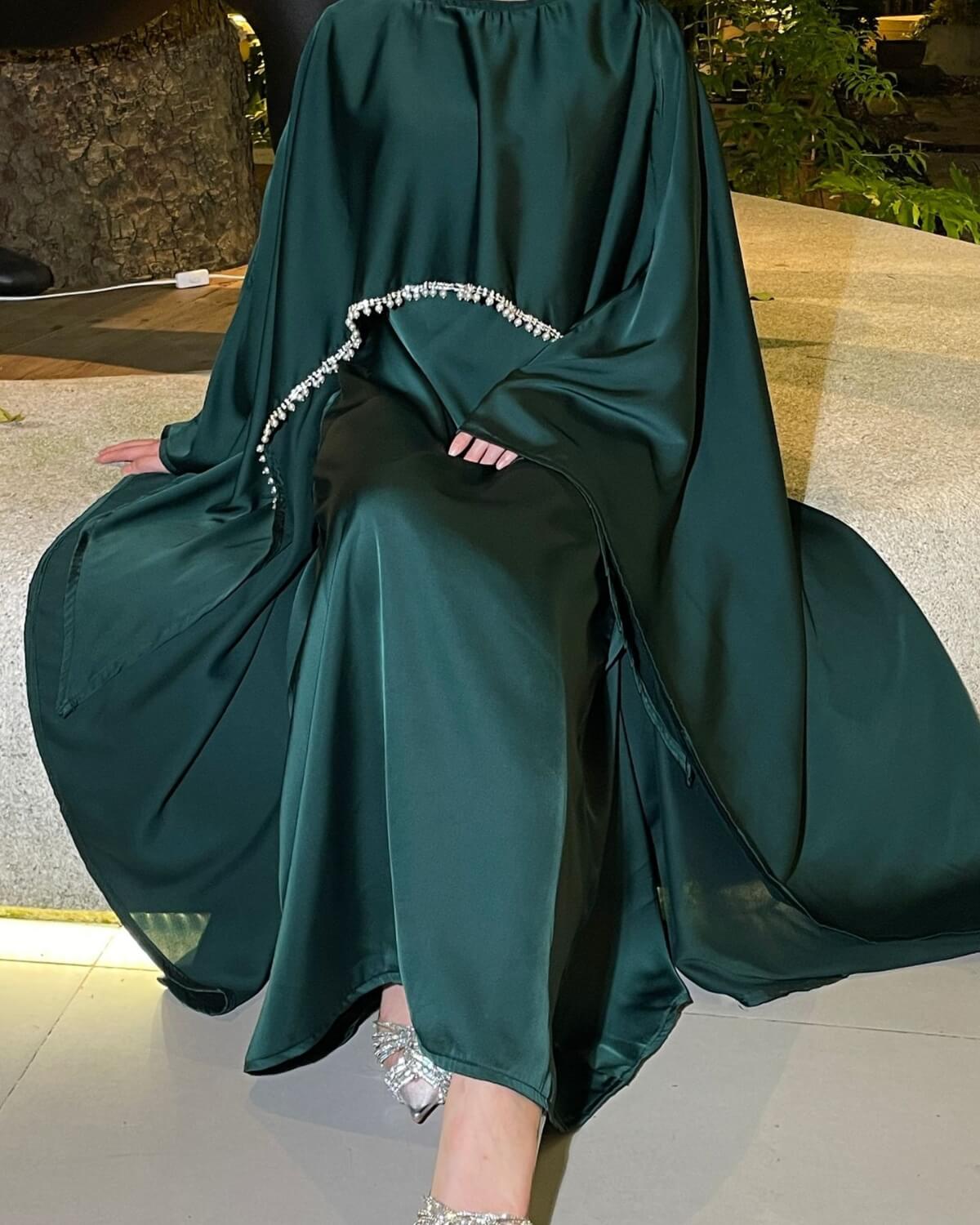 Elegant Satin Cape Abaya Dress with Pearl Crystal