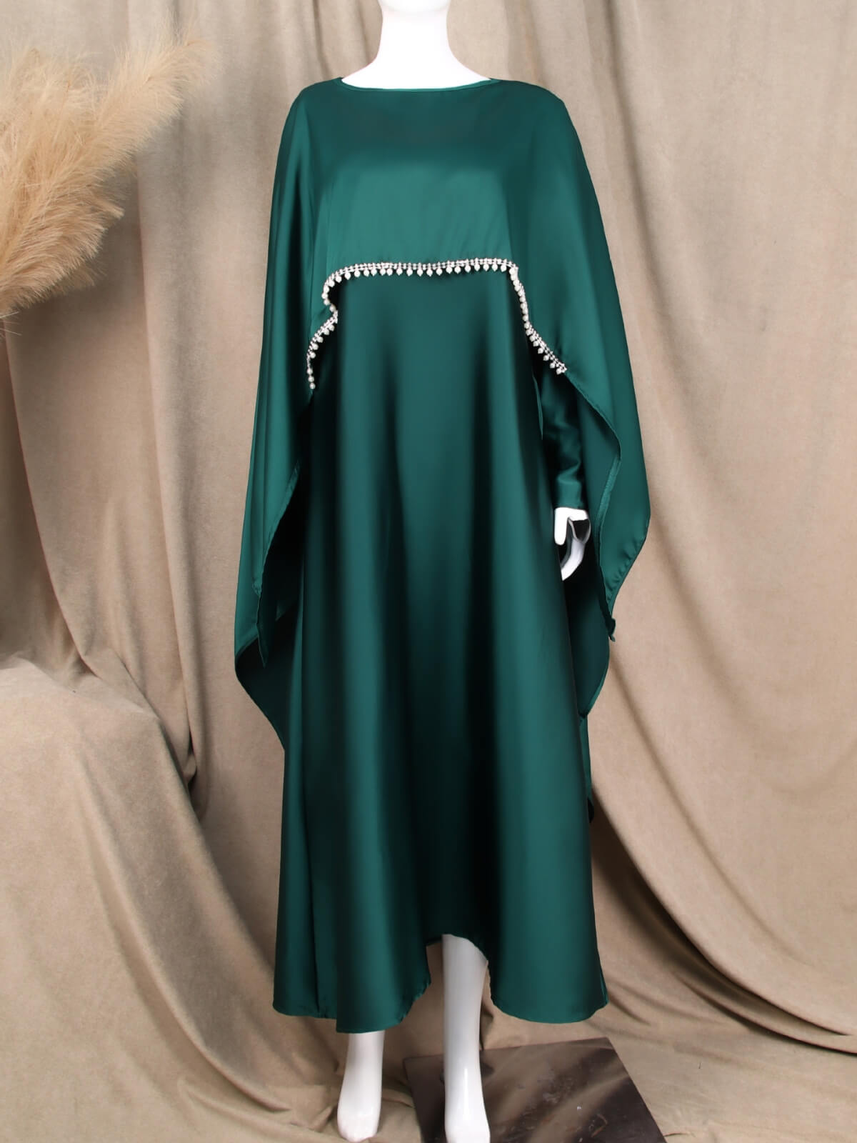 Elegant Satin Cape Abaya Dress with Pearl Crystal