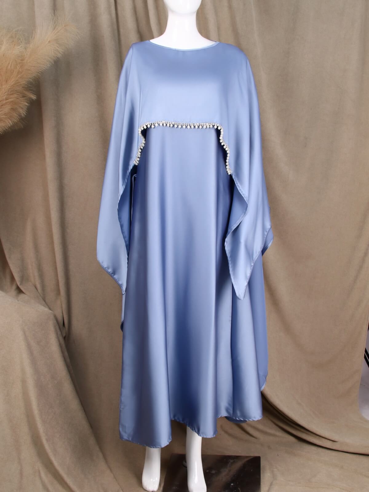Elegant Satin Cape Abaya Dress with Pearl Crystal