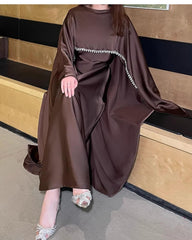 Elegant Satin Cape Abaya Dress with Pearl Crystal