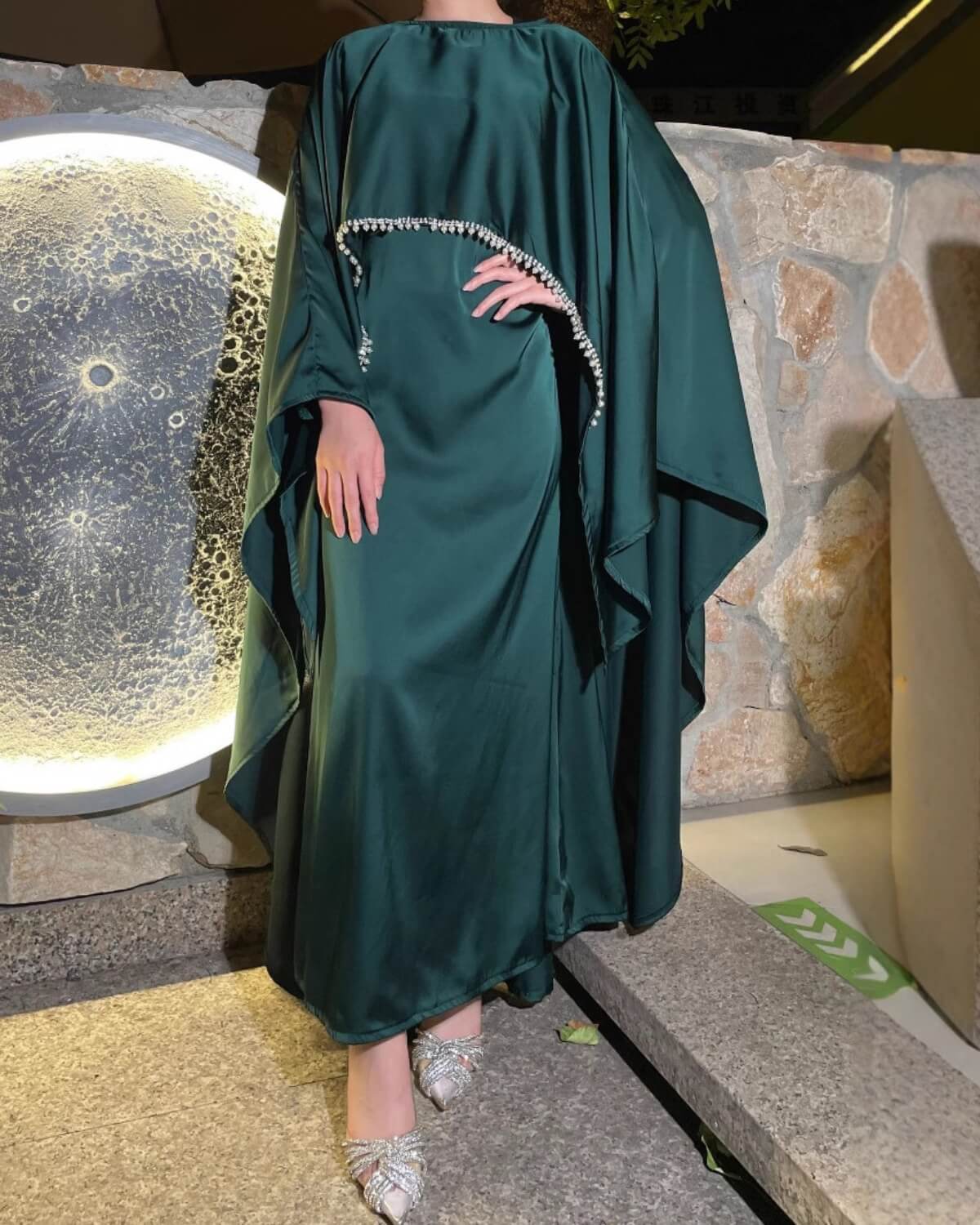 Elegant Satin Cape Abaya Dress with Pearl Crystal