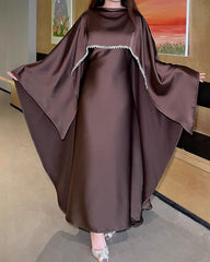 Elegant Satin Cape Abaya Dress with Pearl Crystal
