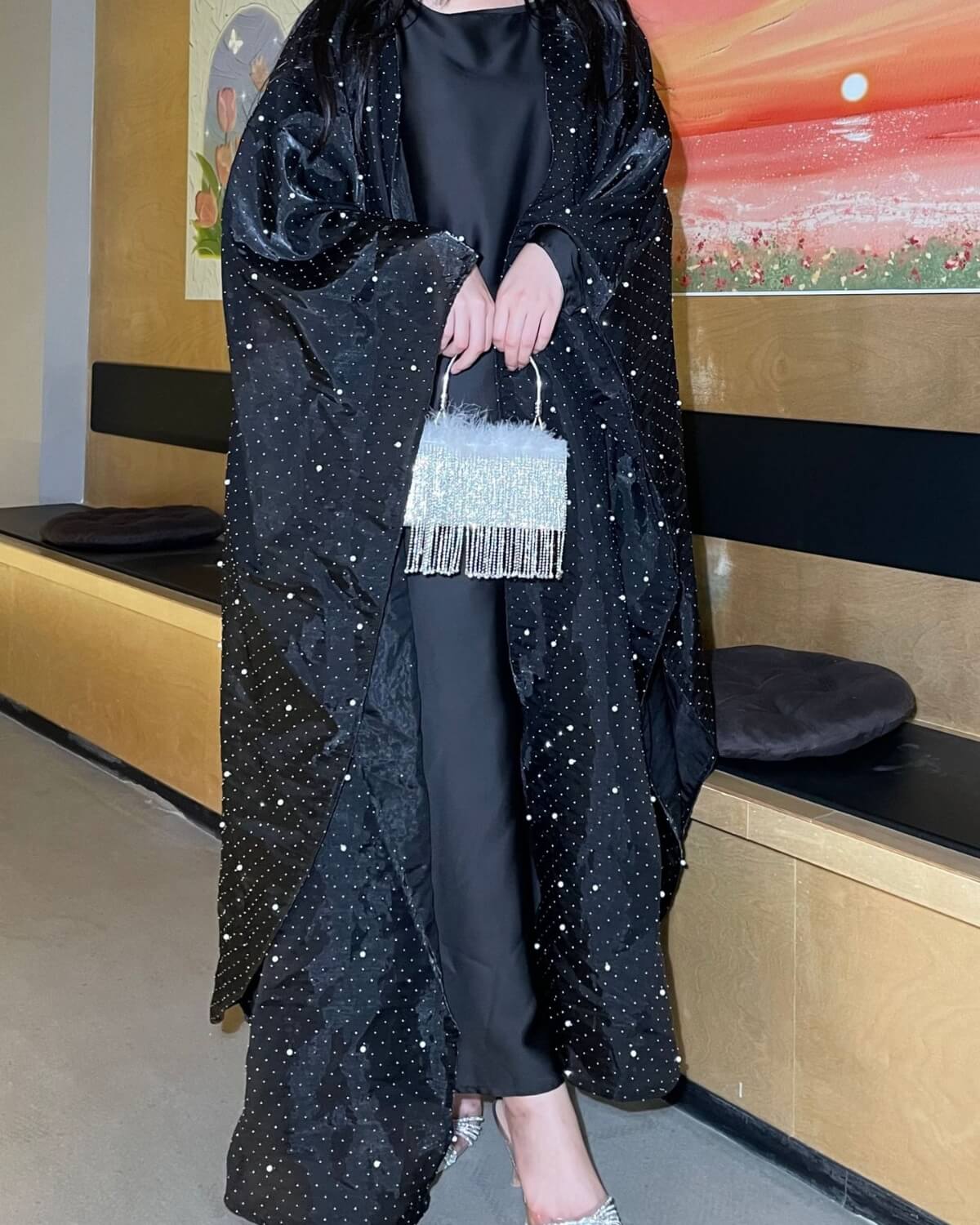 StarLight Pearl Organza Open Abaya Dress 2-Piece Set