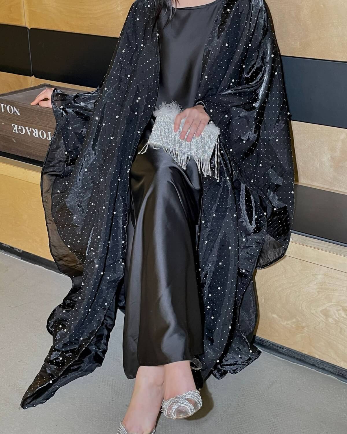 StarLight Pearl Organza Open Abaya Dress 2-Piece Set