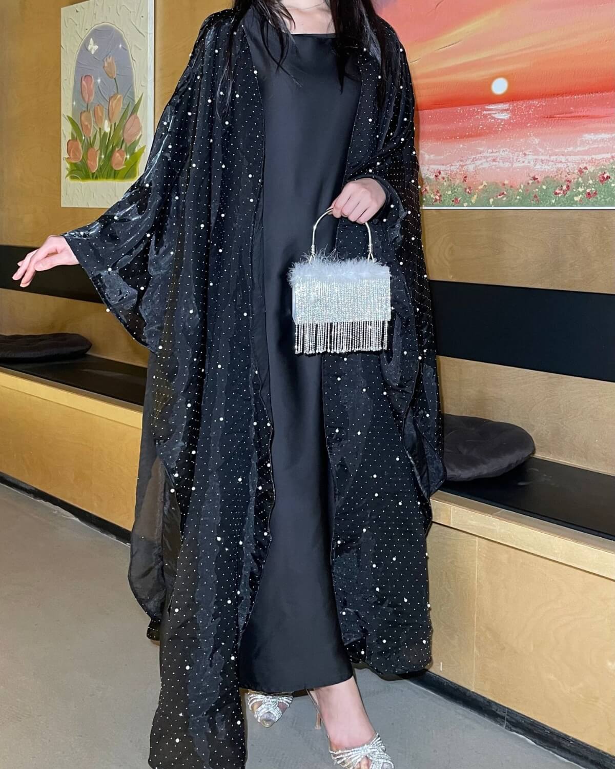 StarLight Pearl Organza Open Abaya Dress 2-Piece Set