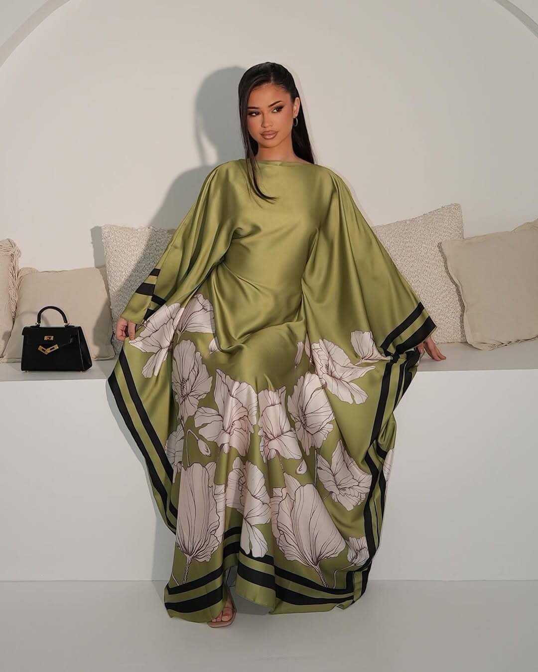Satin Floral Butterfly Abaya