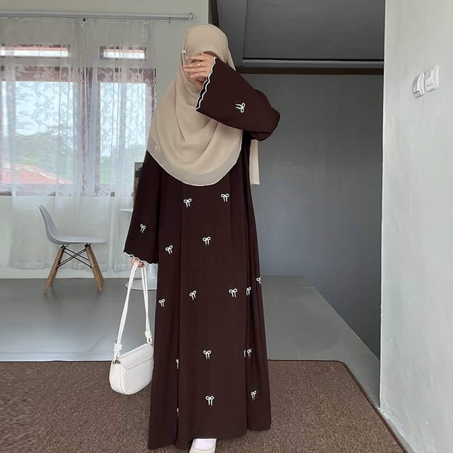 Bow Embroidered Maxi Modest Dress - Aurohaya