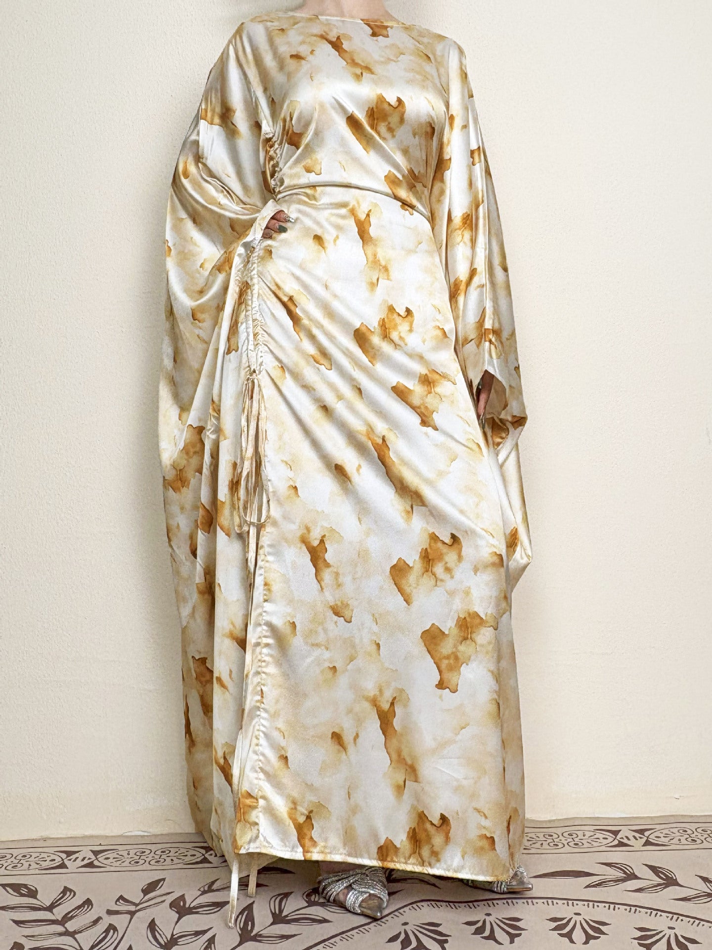 Yellow Printed Satin Butterfly Abaya - Aurohaya