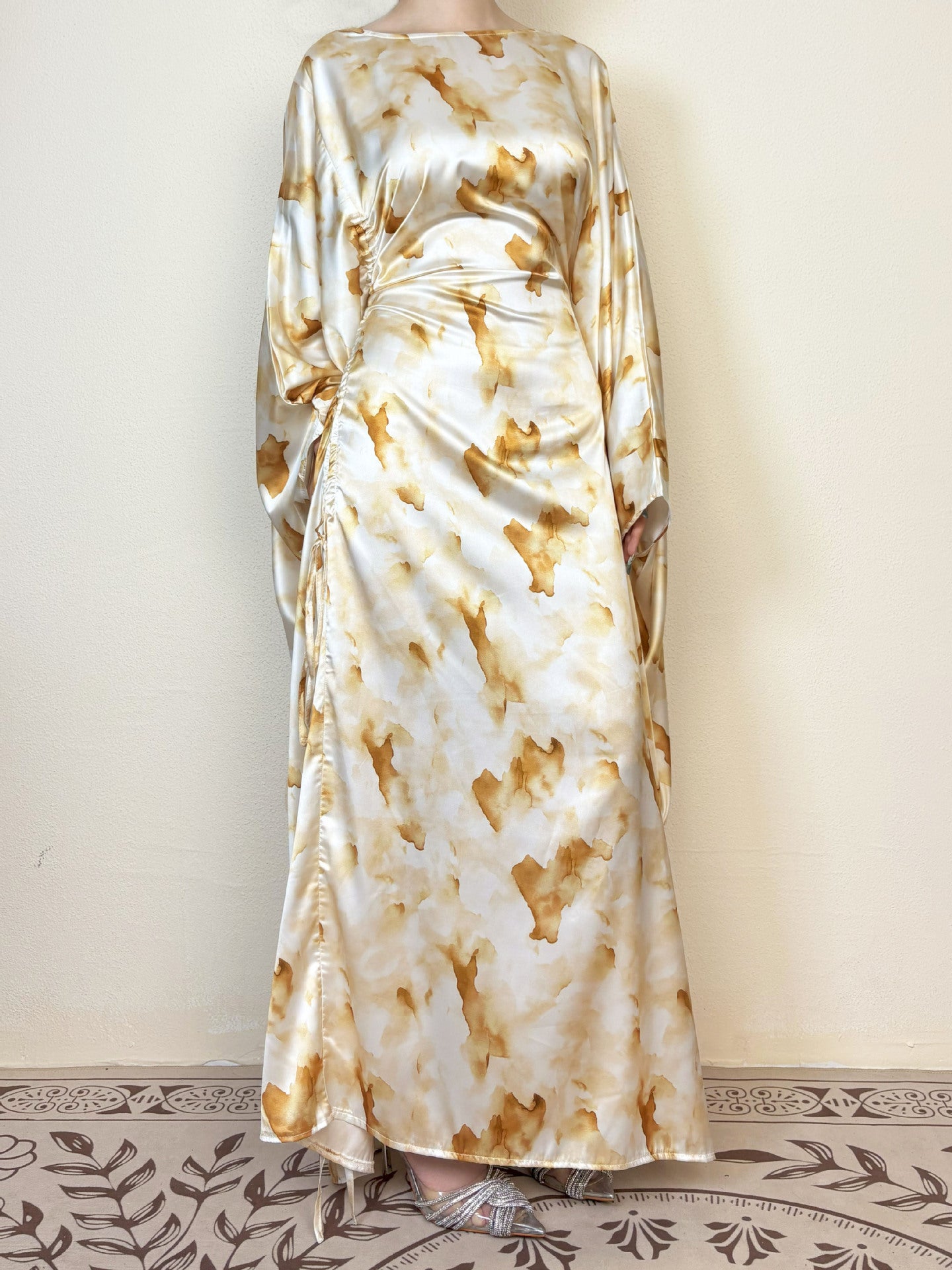 Yellow Printed Satin Butterfly Abaya - Aurohaya