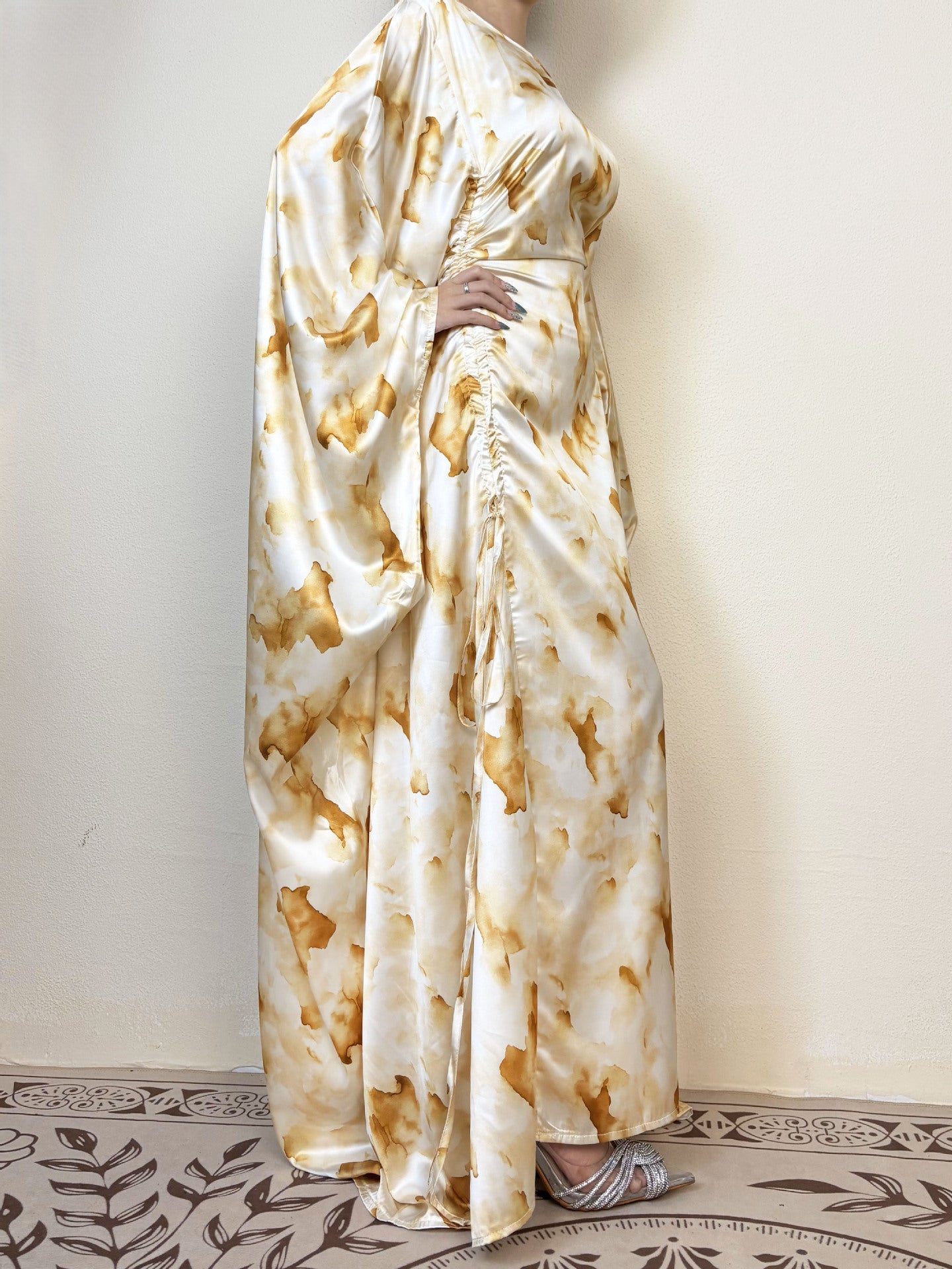 Yellow Printed Satin Butterfly Abaya - Aurohaya