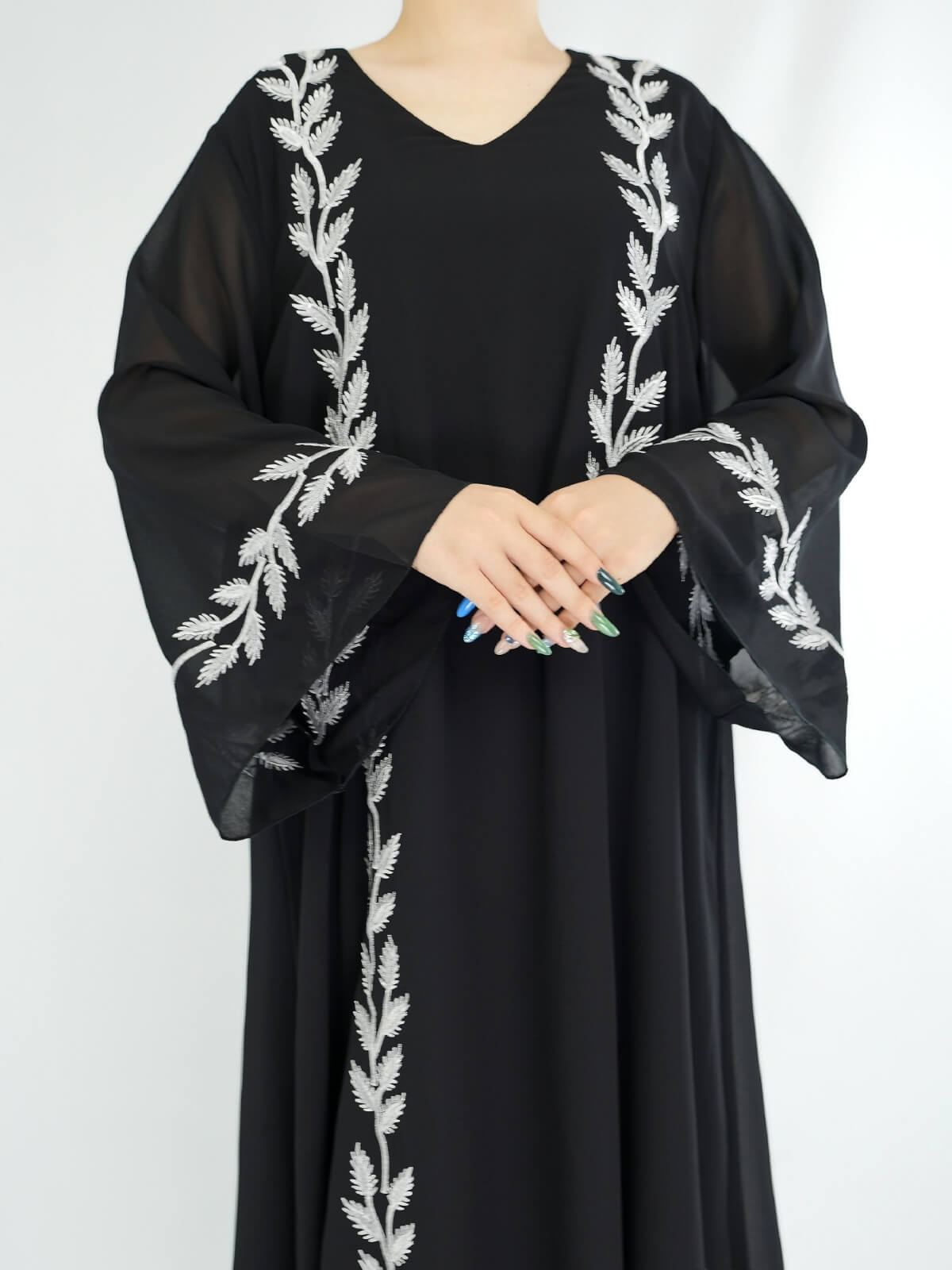 Solid Chiffon Leaf‑Embroidered Abaya with Hijab 2-Piece Set