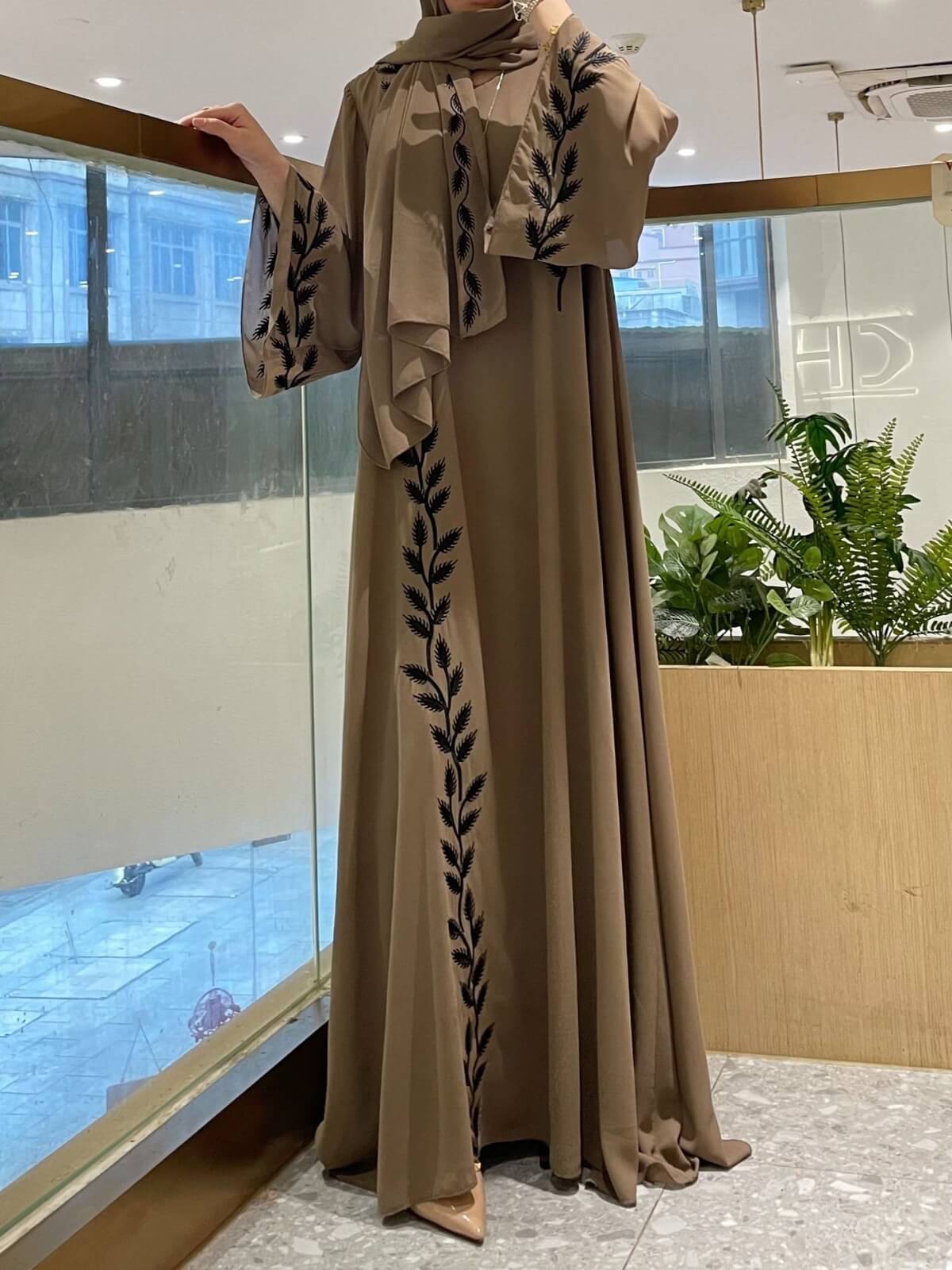 Solid Chiffon Leaf‑Embroidered Abaya with Hijab 2-Piece Set