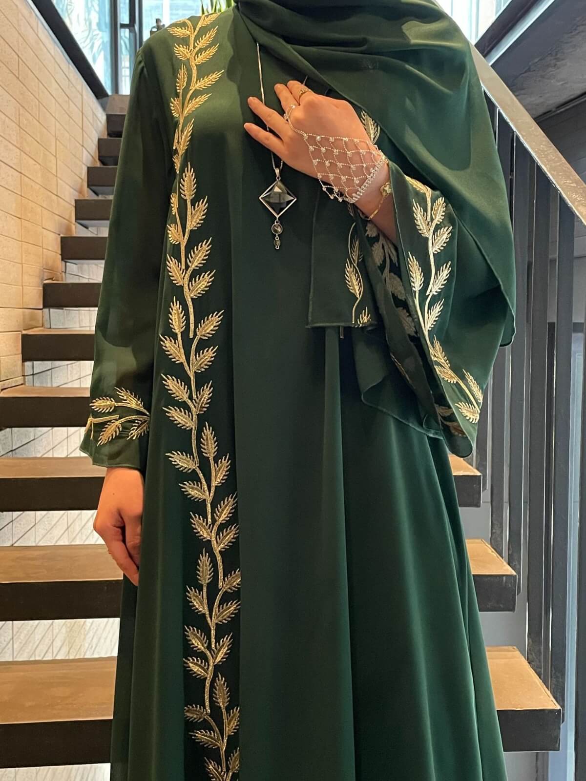 Solid Chiffon Leaf‑Embroidered Abaya with Hijab 2-Piece Set
