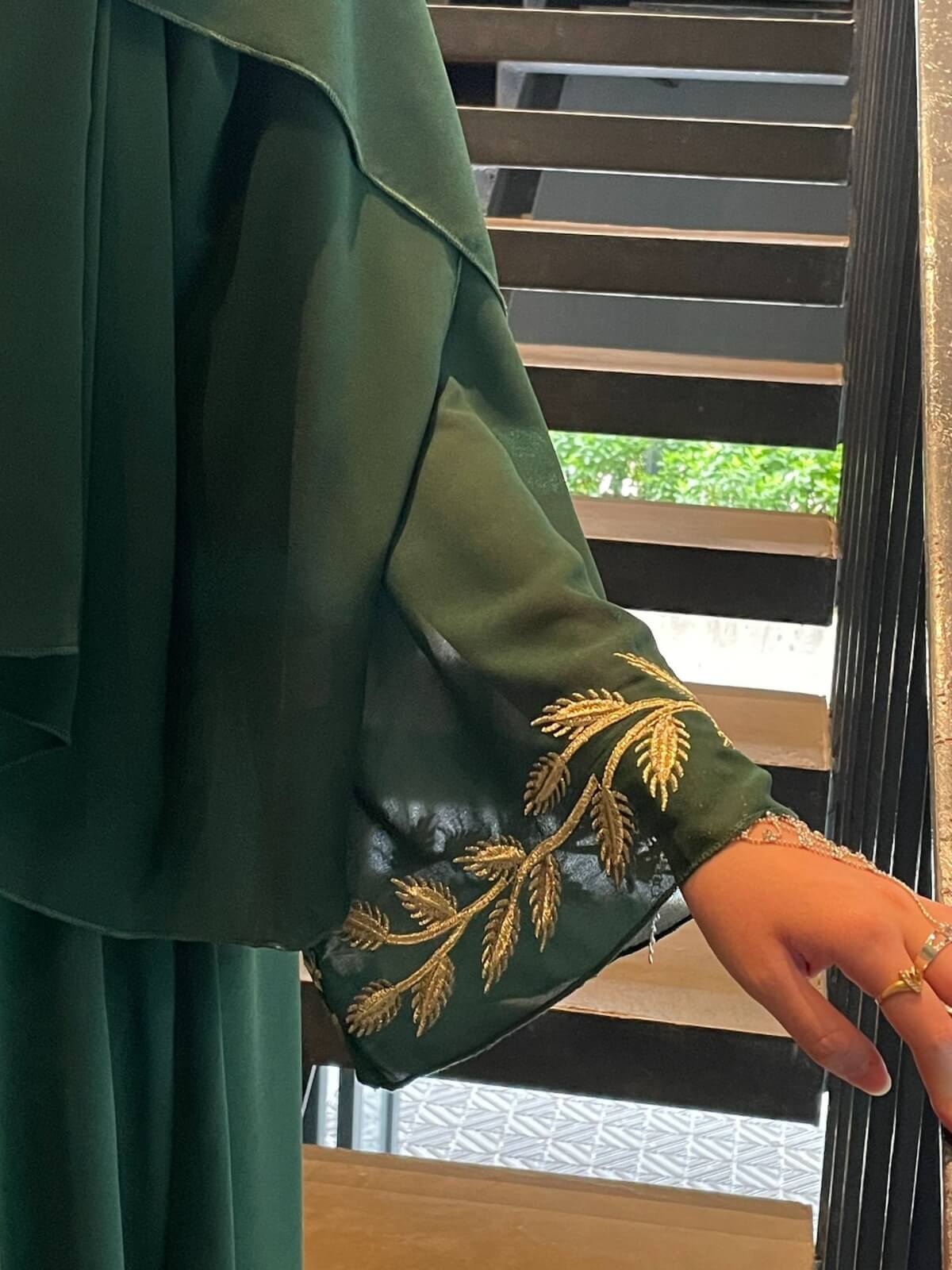 Solid Chiffon Leaf‑Embroidered Abaya with Hijab 2-Piece Set