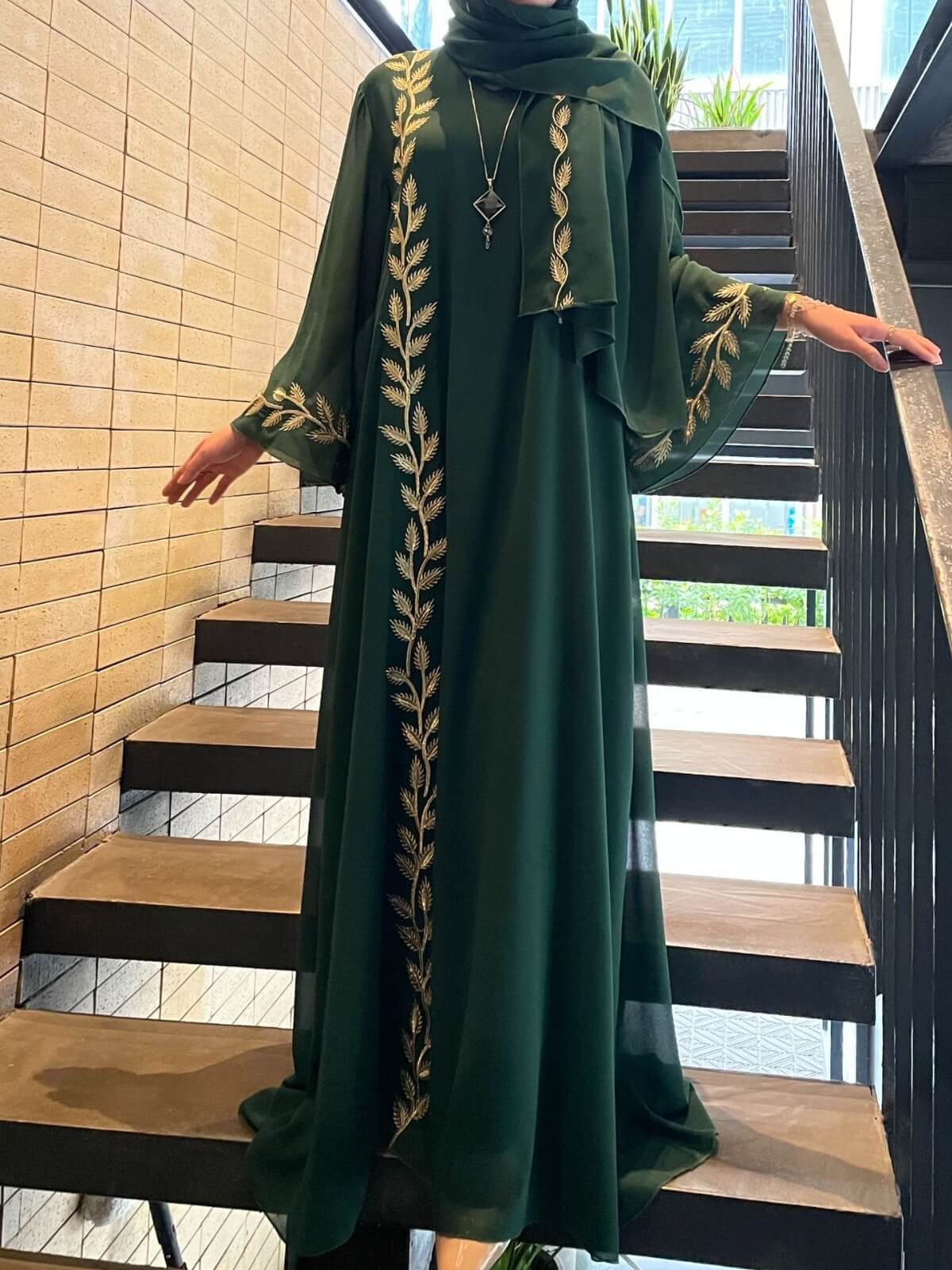 Solid Chiffon Leaf‑Embroidered Abaya with Hijab 2-Piece Set
