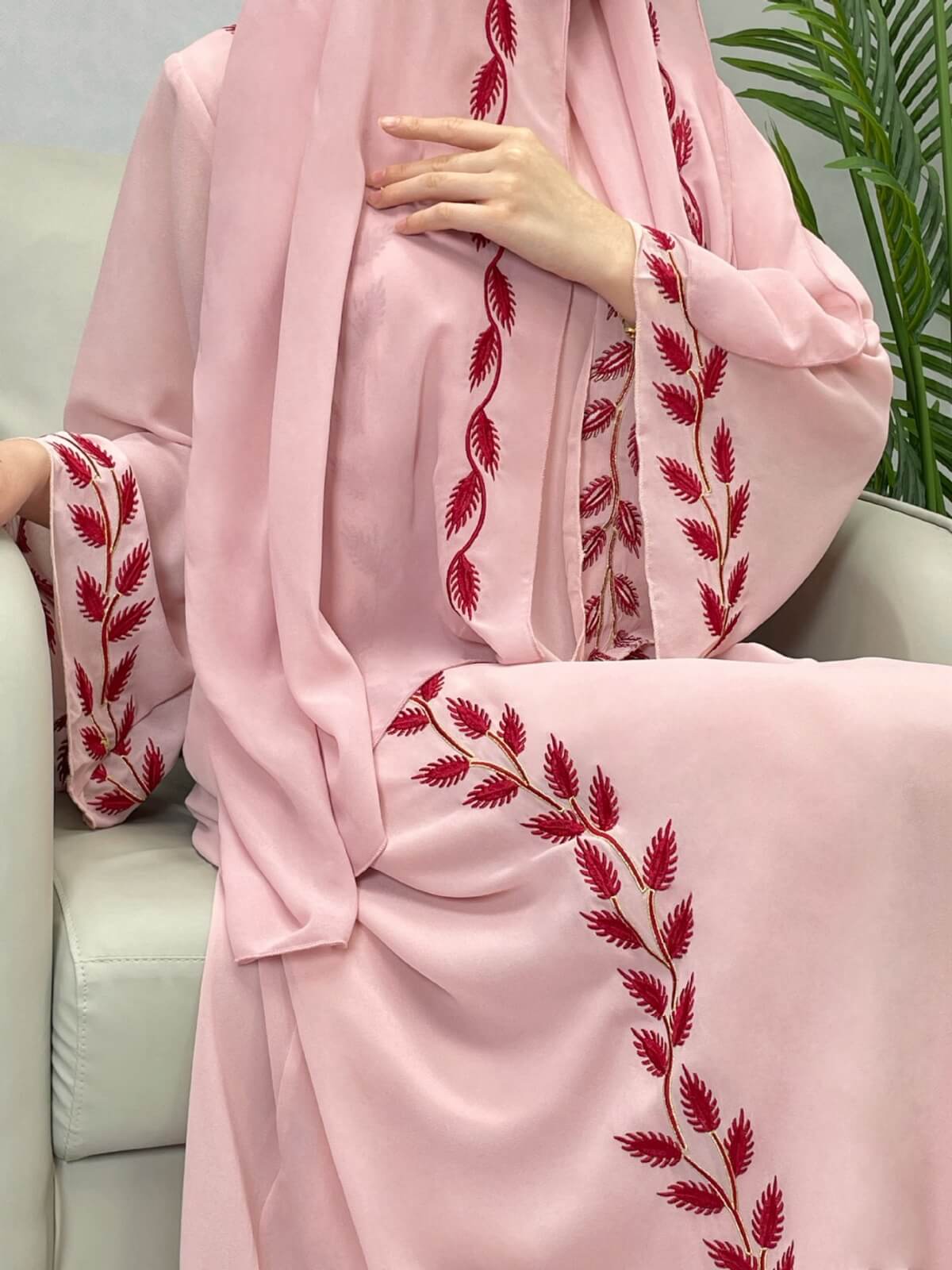 Solid Chiffon Leaf‑Embroidered Abaya with Hijab 2-Piece Set