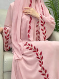 Solid Chiffon Leaf‑Embroidered Abaya with Hijab 2-Piece Set