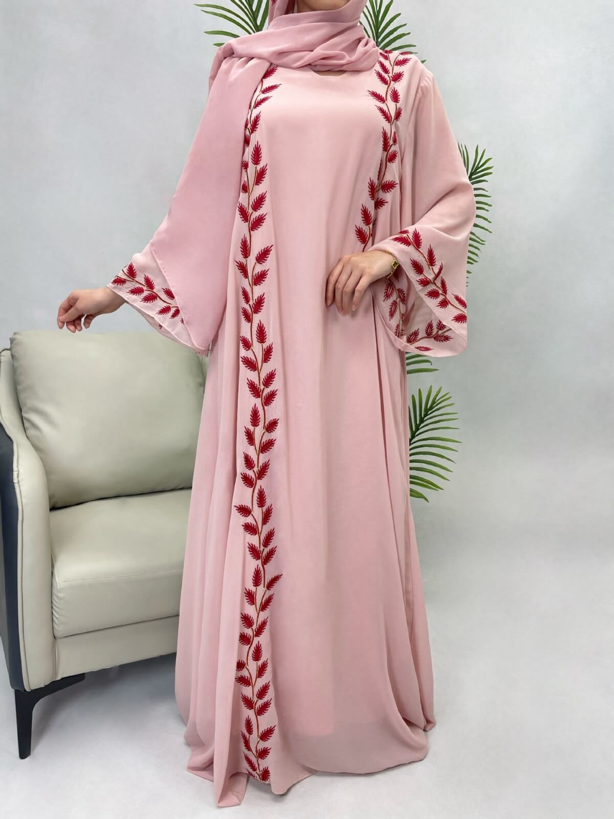 Solid Chiffon Leaf‑Embroidered Abaya with Hijab 2-Piece Set