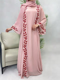 Solid Chiffon Leaf‑Embroidered Abaya with Hijab 2-Piece Set