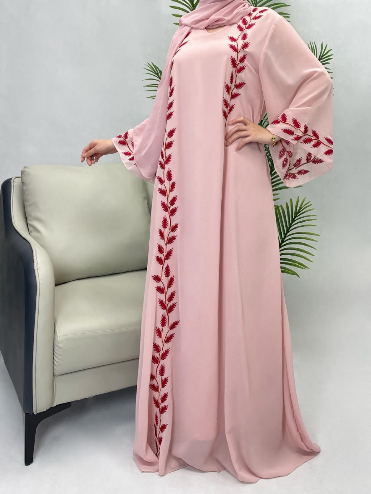 Solid Chiffon Leaf‑Embroidered Abaya with Hijab 2-Piece Set