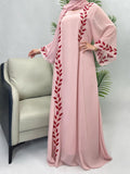 Solid Chiffon Leaf‑Embroidered Abaya with Hijab 2-Piece Set