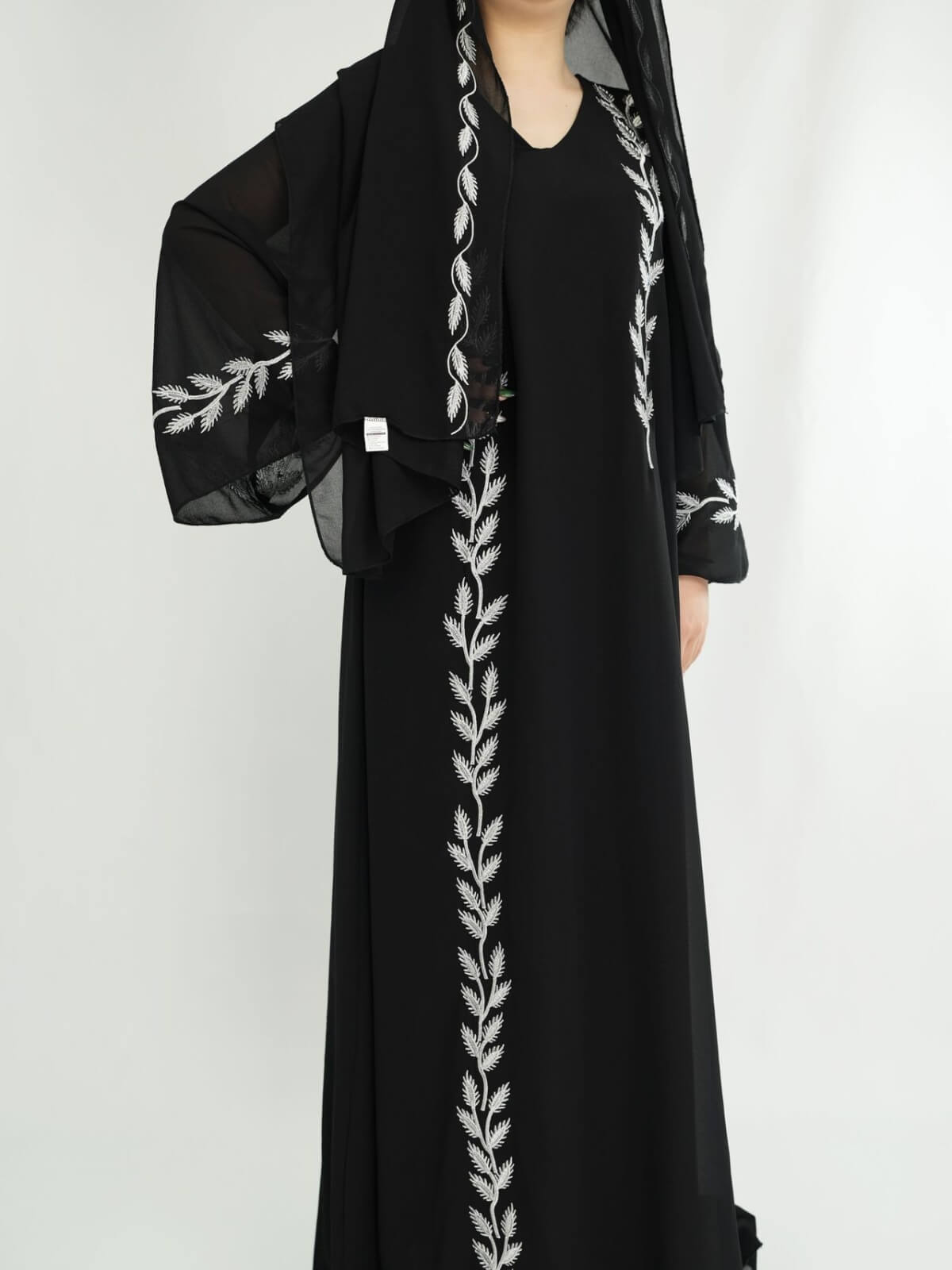 Solid Chiffon Leaf‑Embroidered Abaya with Hijab 2-Piece Set