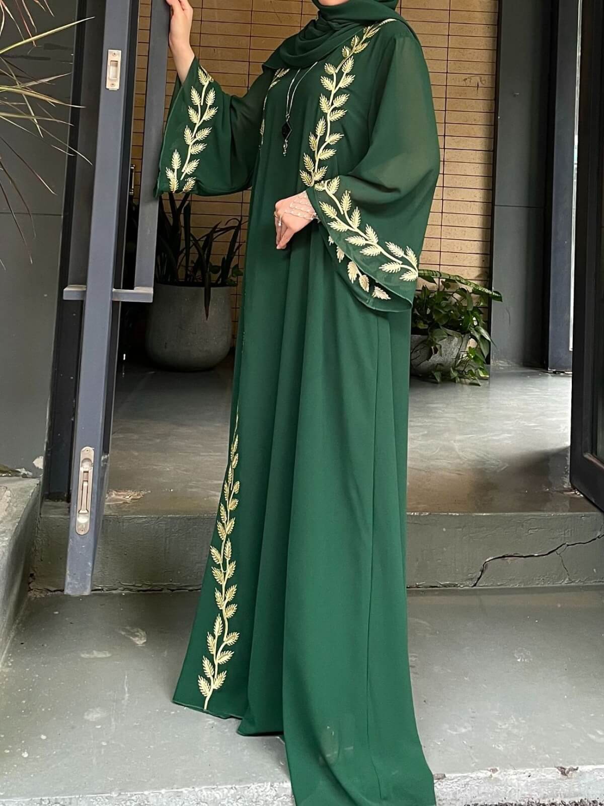 Solid Chiffon Leaf‑Embroidered Abaya with Hijab 2-Piece Set