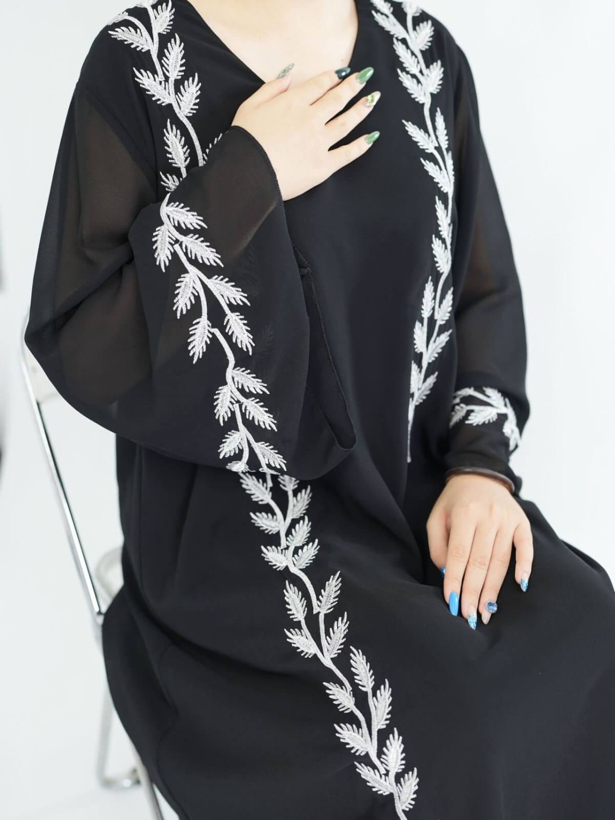 Solid Chiffon Leaf‑Embroidered Abaya with Hijab 2-Piece Set