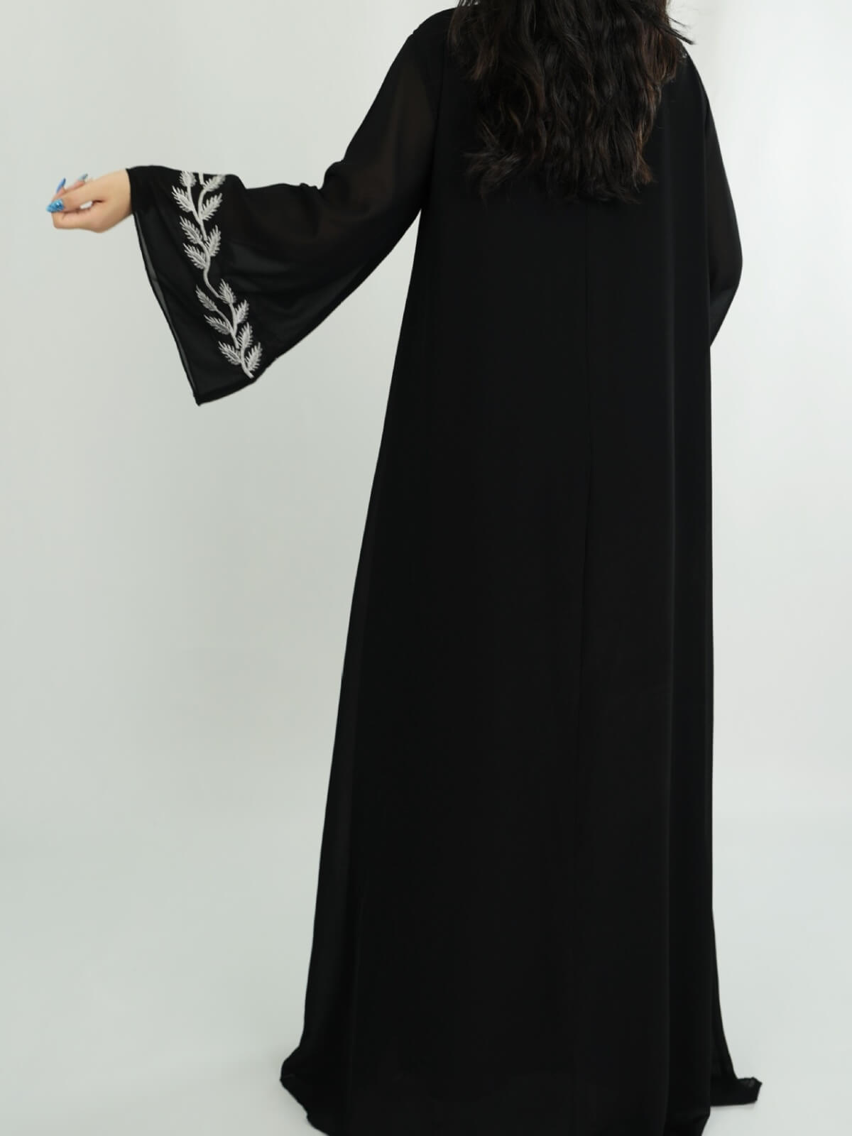 Solid Chiffon Leaf‑Embroidered Abaya with Hijab 2-Piece Set