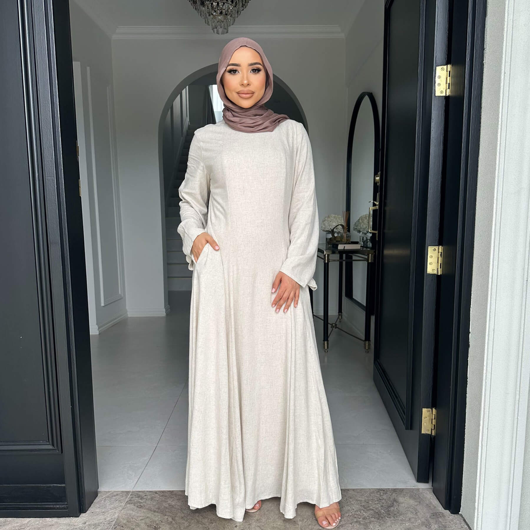 Solid Cotton Linen Tie-Waist Abaya - Aurohaya