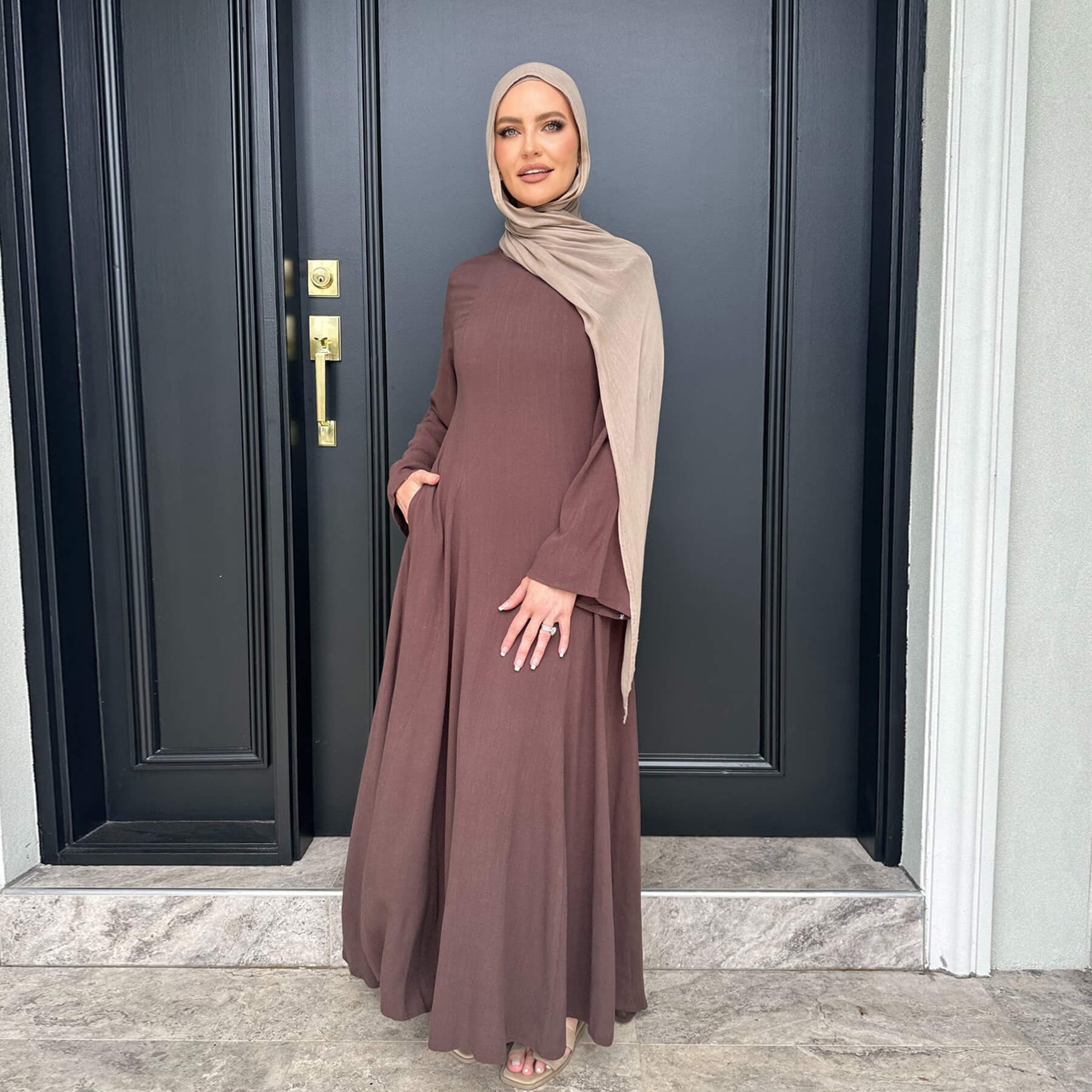 Solid Cotton Linen Tie-Waist Abaya - Aurohaya