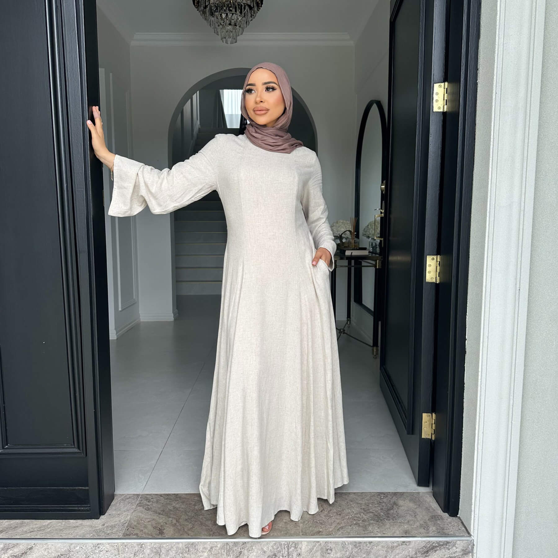 Solid Cotton Linen Tie-Waist Abaya - Aurohaya
