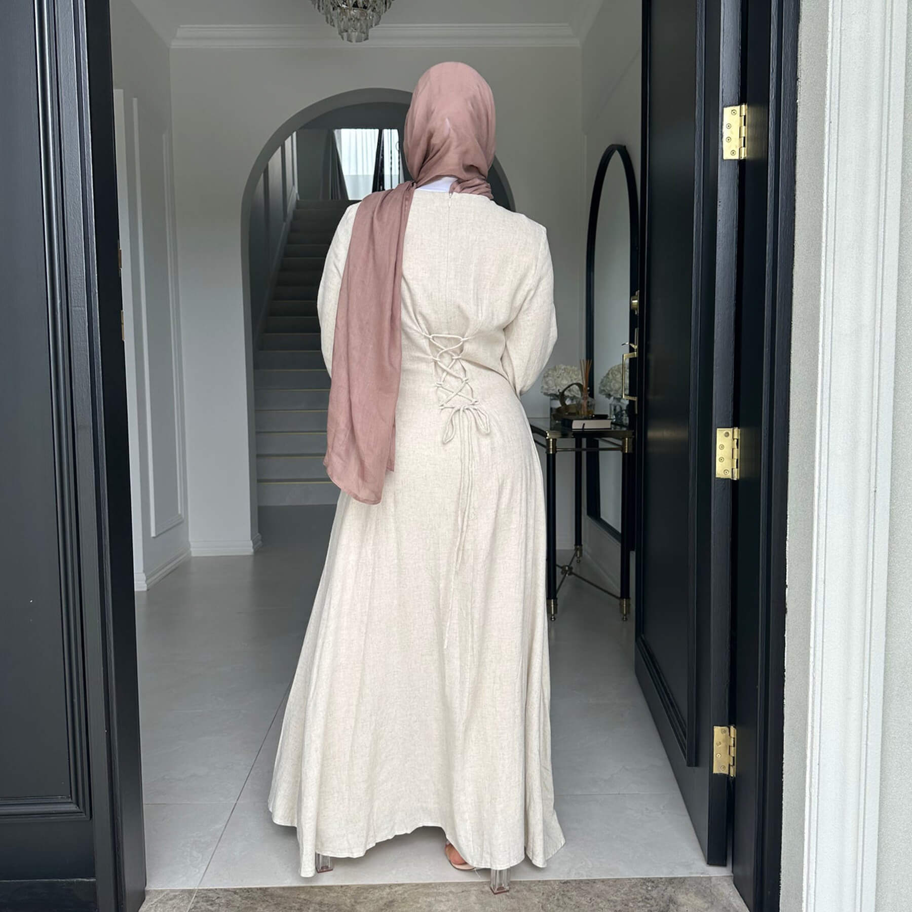 Solid Cotton Linen Tie-Waist Abaya - Aurohaya