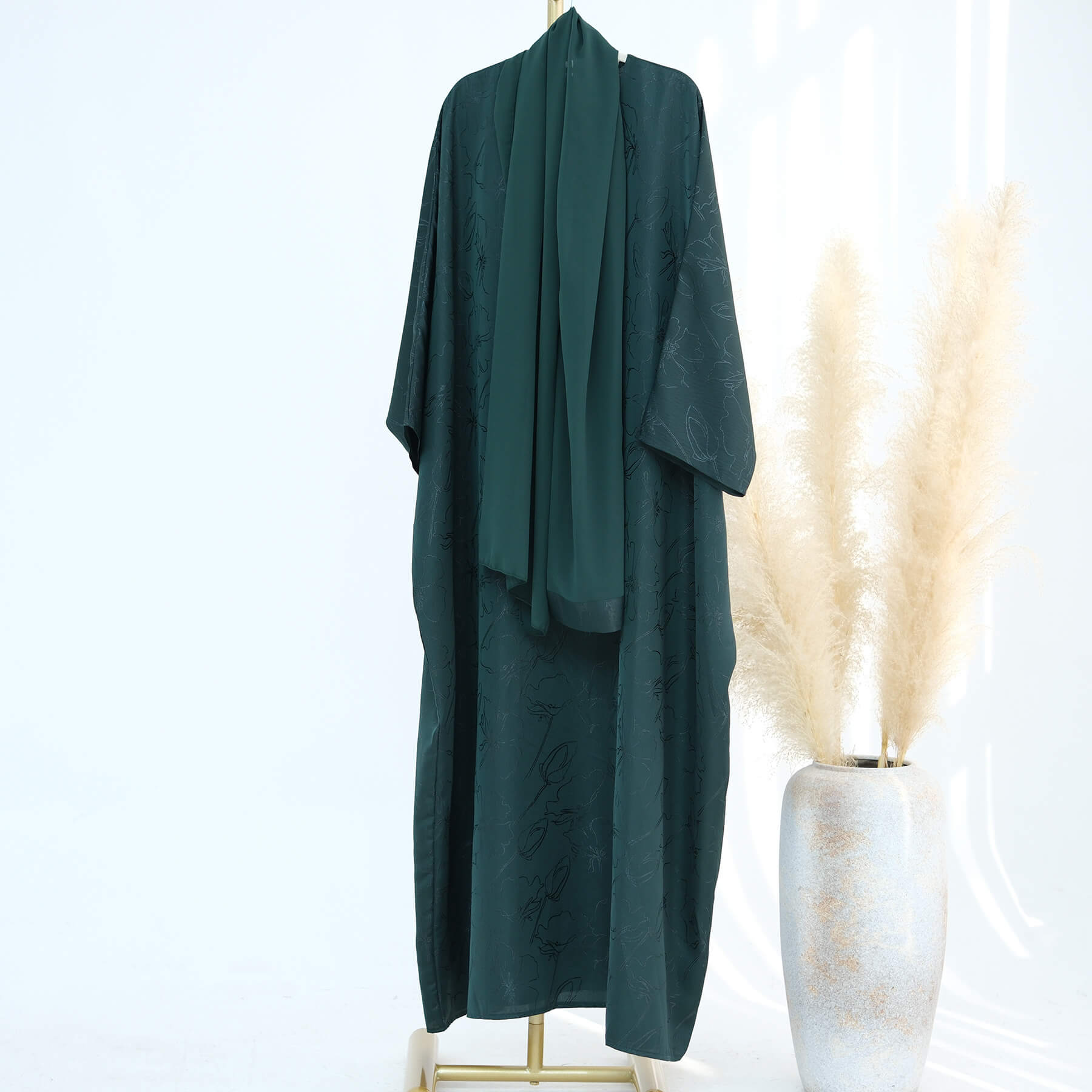 Satin Jacquard Abaya with Chiffon Hijab 2-Piece Set