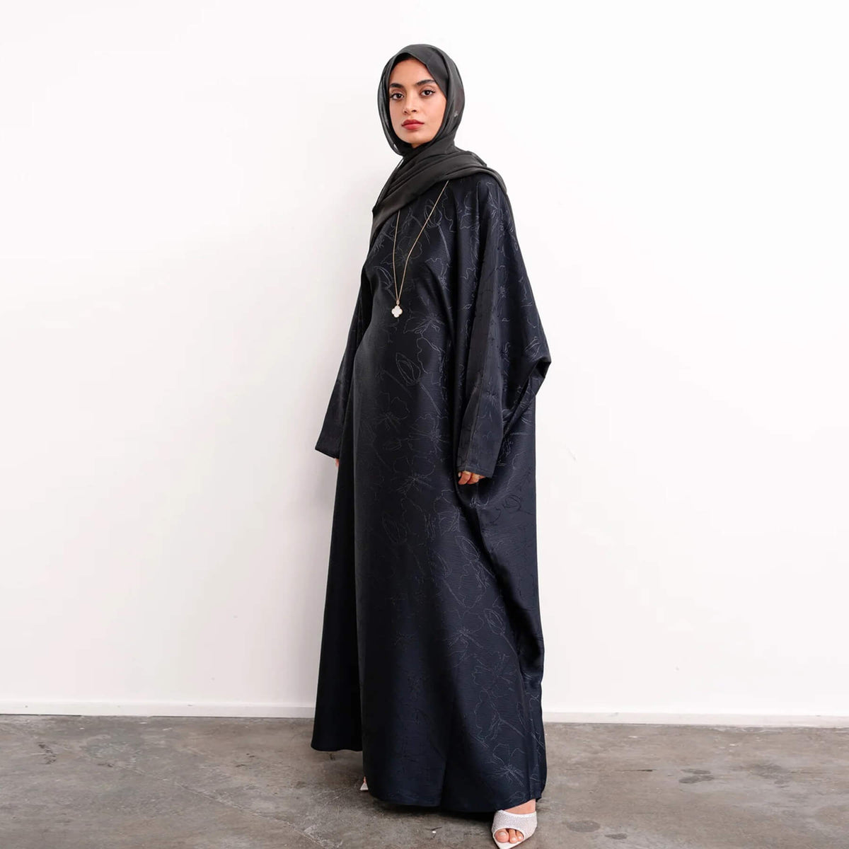 Satin Jacquard Abaya with Chiffon Hijab 2-Piece Set