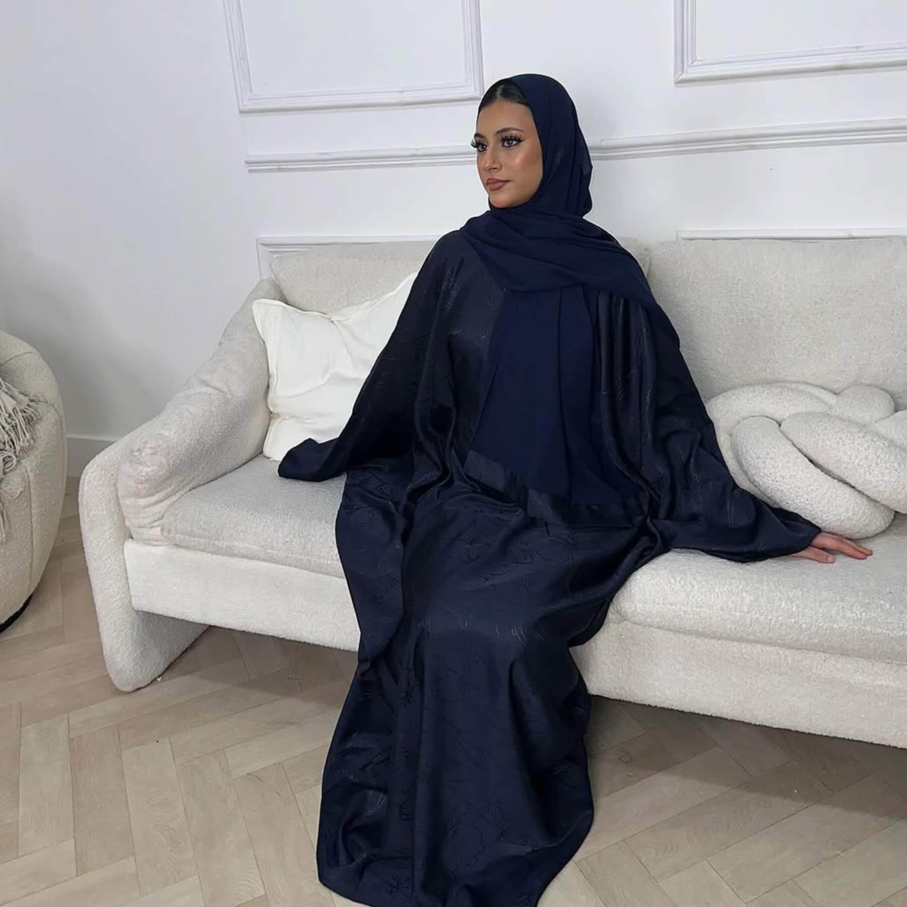 Satin Jacquard Abaya with Chiffon Hijab 2-Piece Set