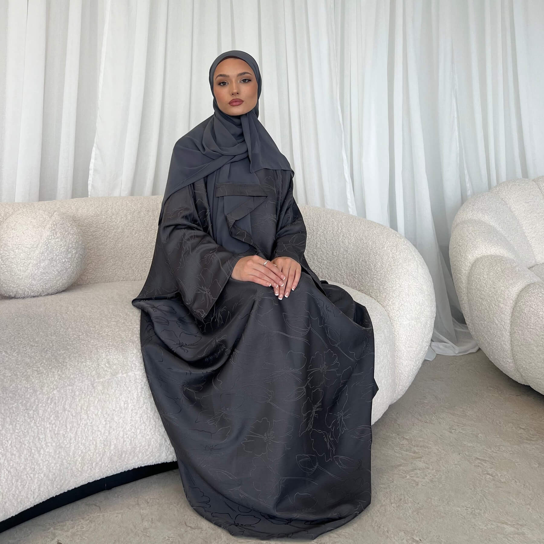 Satin Jacquard Abaya with Chiffon Hijab 2-Piece Set