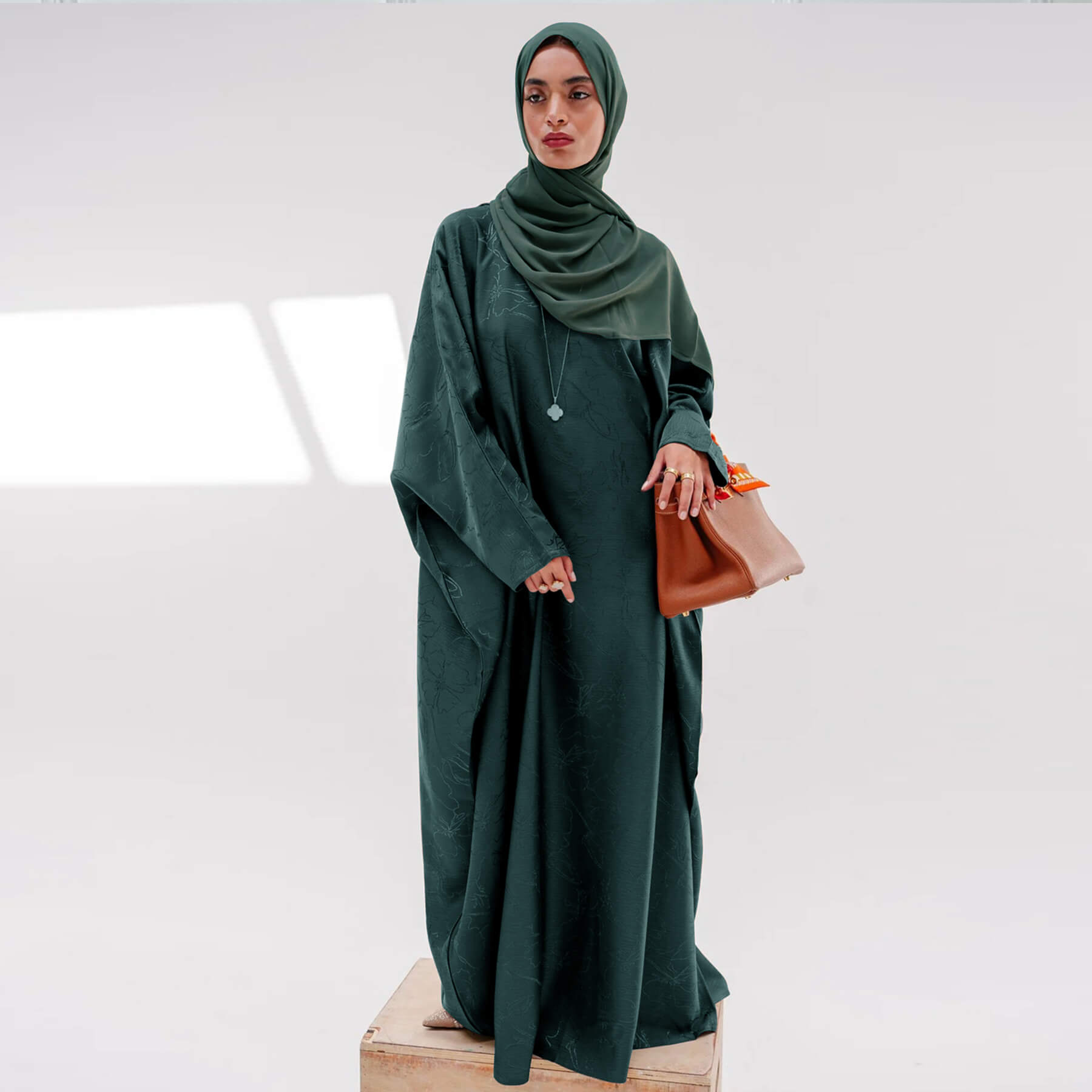 Satin Jacquard Abaya with Chiffon Hijab 2-Piece Set
