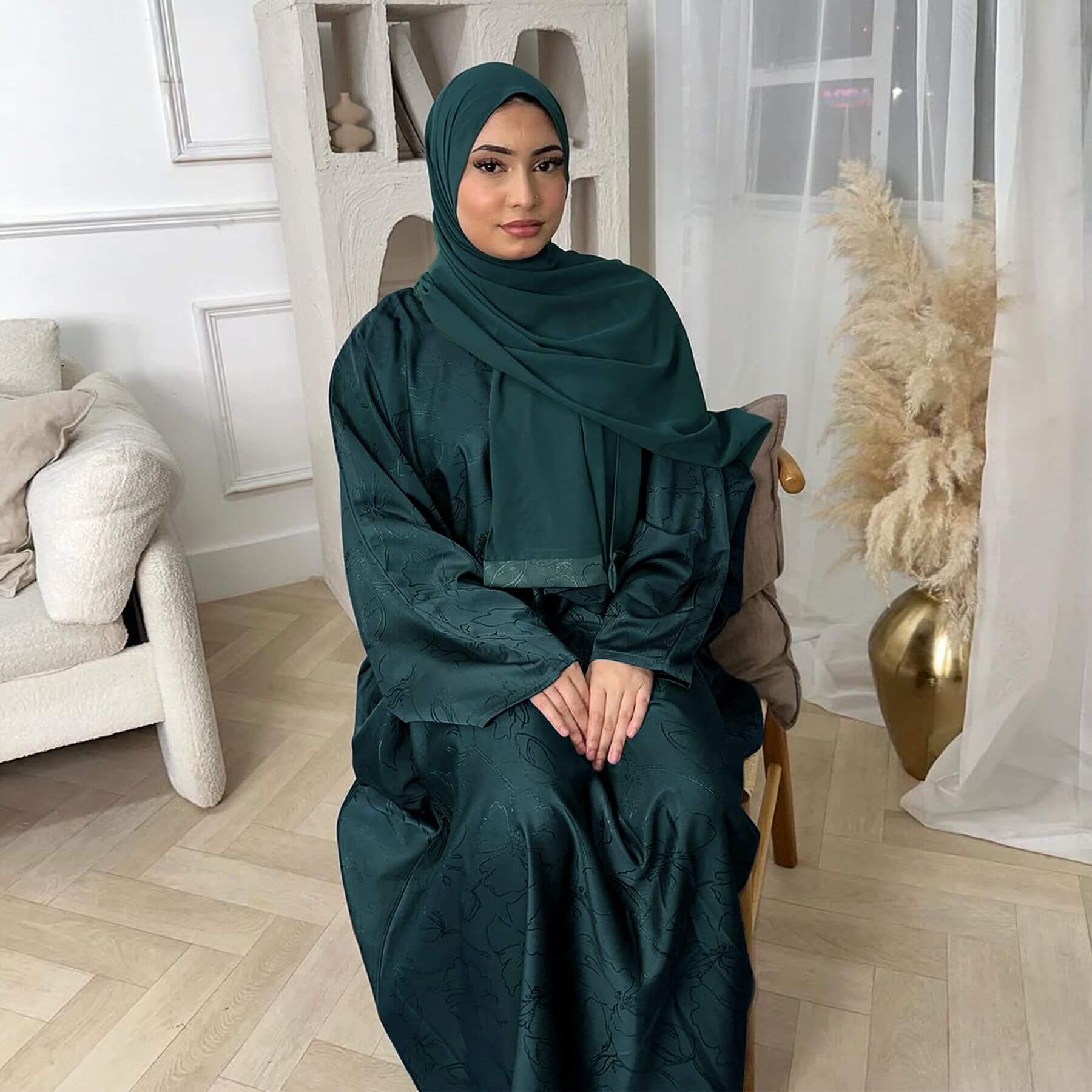 Satin Jacquard Abaya with Chiffon Hijab 2-Piece Set