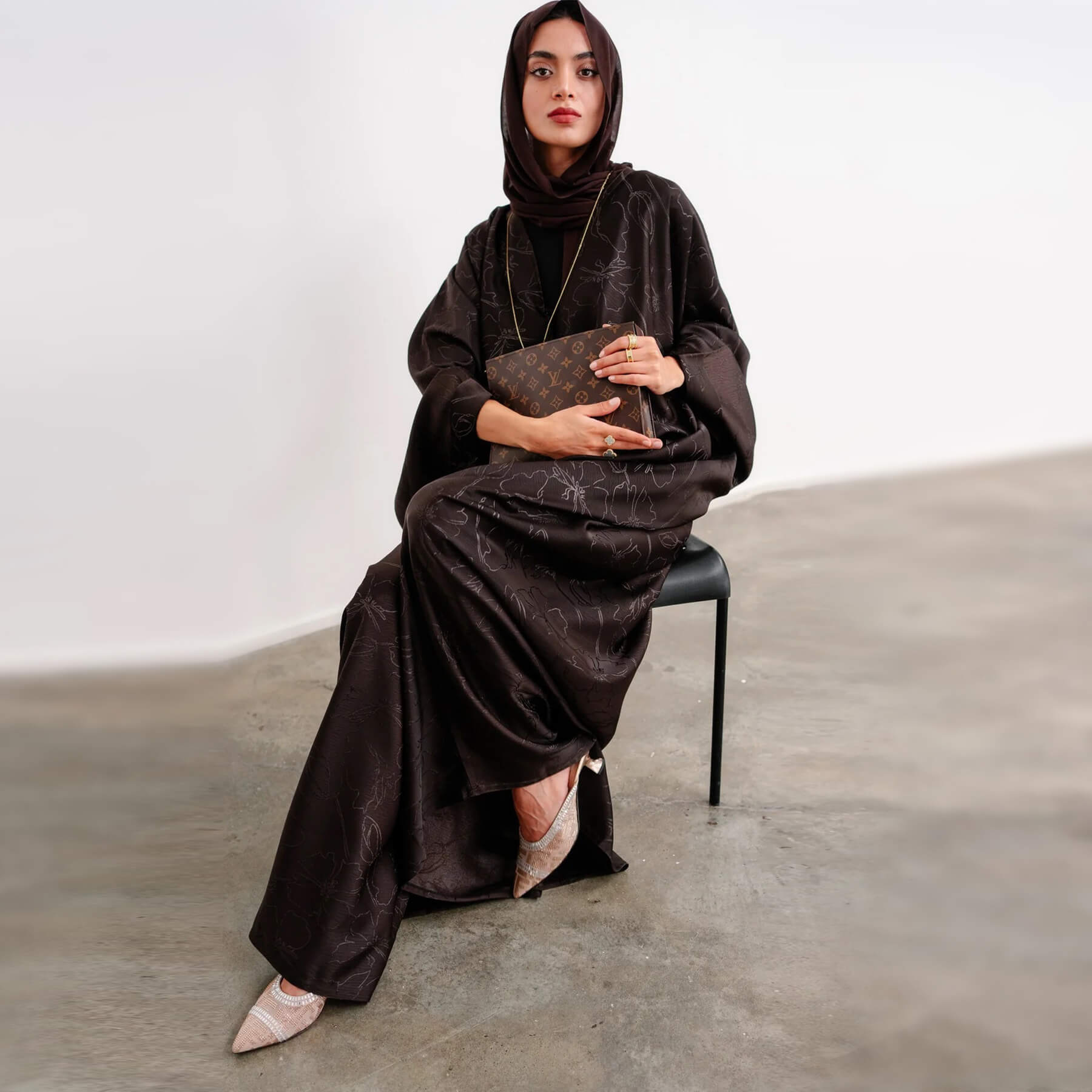 Satin Jacquard Abaya with Chiffon Hijab 2-Piece Set