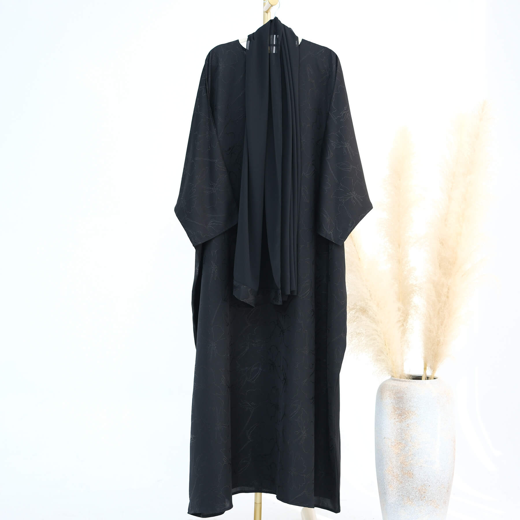 Satin Jacquard Abaya with Chiffon Hijab 2-Piece Set