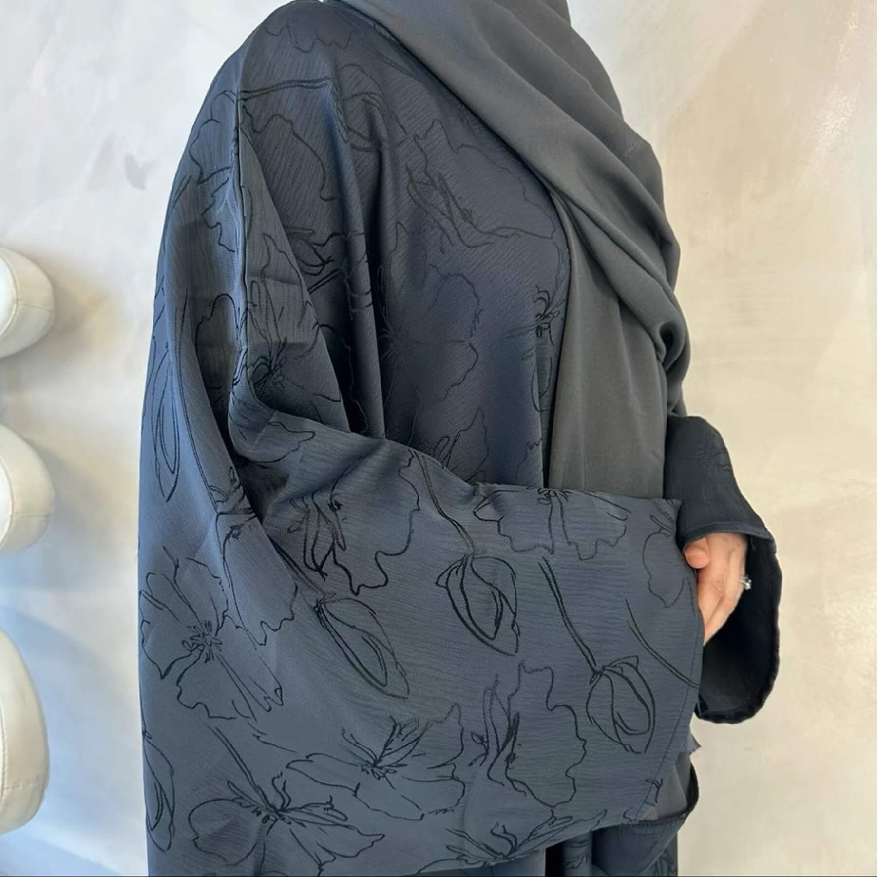 Satin Jacquard Abaya with Chiffon Hijab 2-Piece Set
